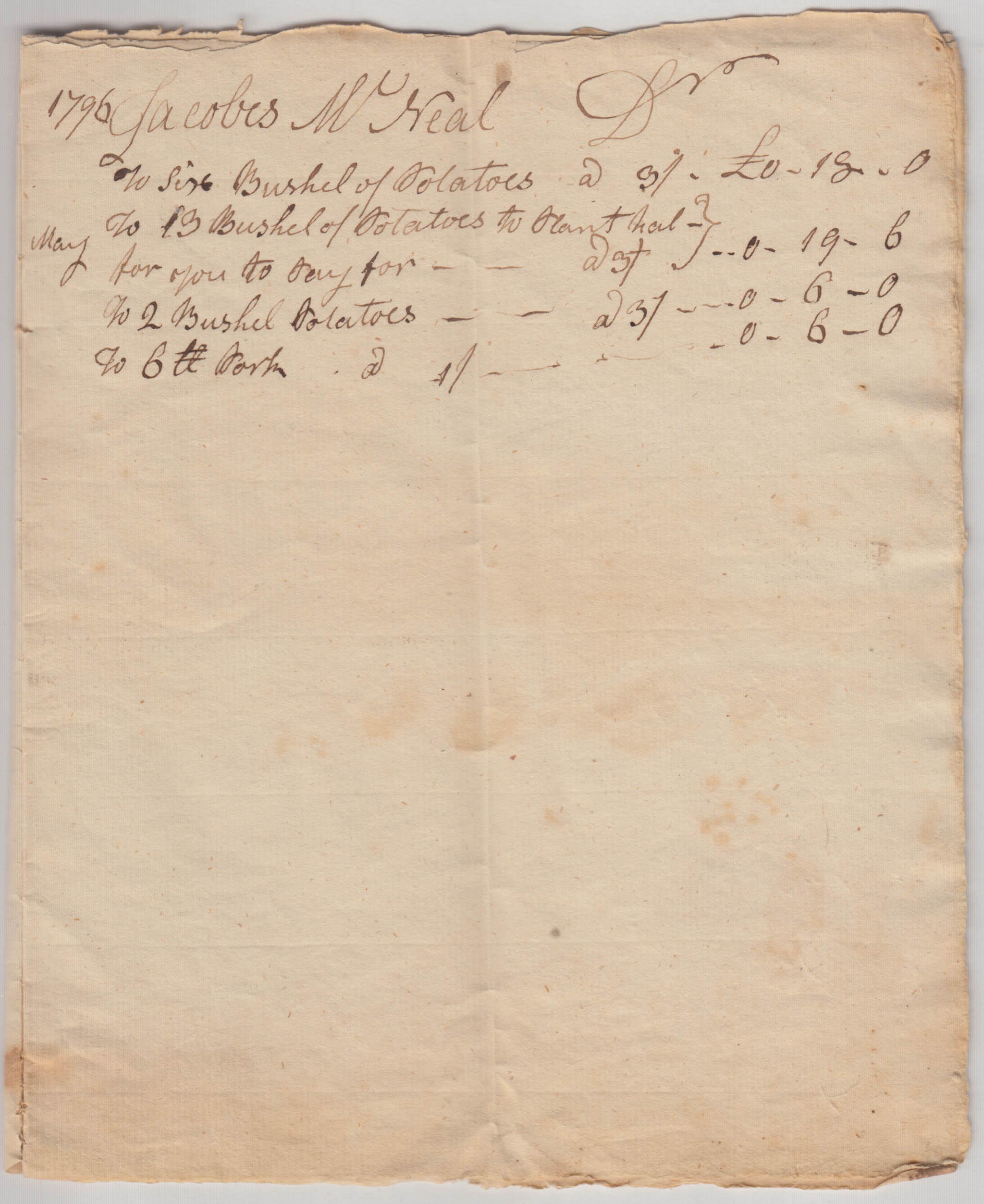 BH031, 1796-06 Account, Potatoes & Pork to Jacobus McNeil